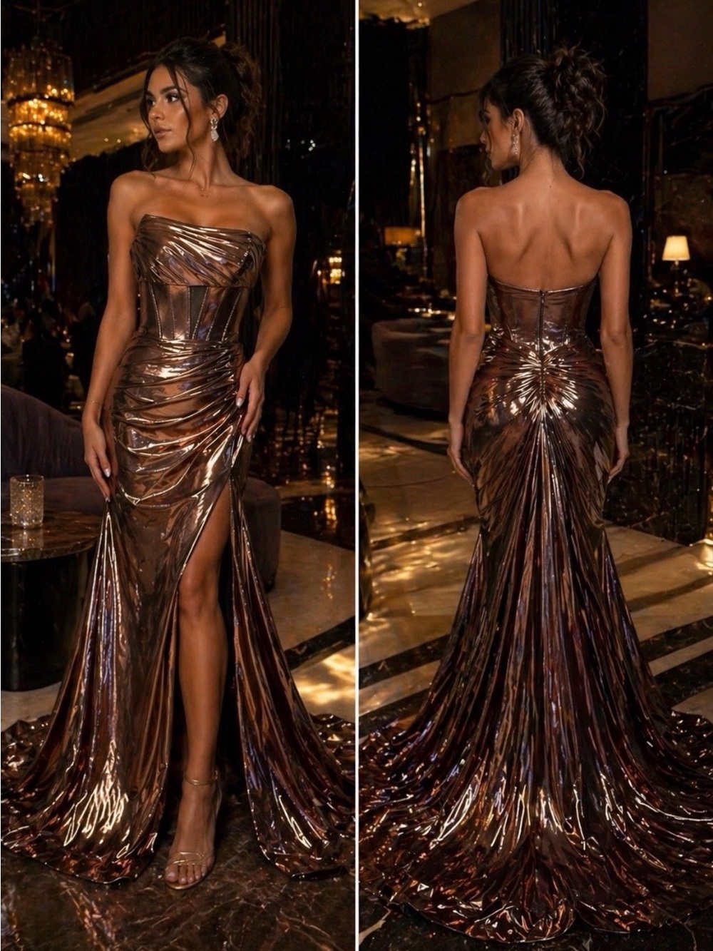 Jovani Metallic Bronze Strapless Ruched Evening Gown size 4
